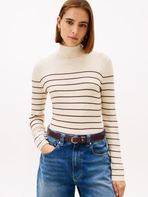 Stripe Rib-Knit Turtleneck Sweater, Ivory Stripe