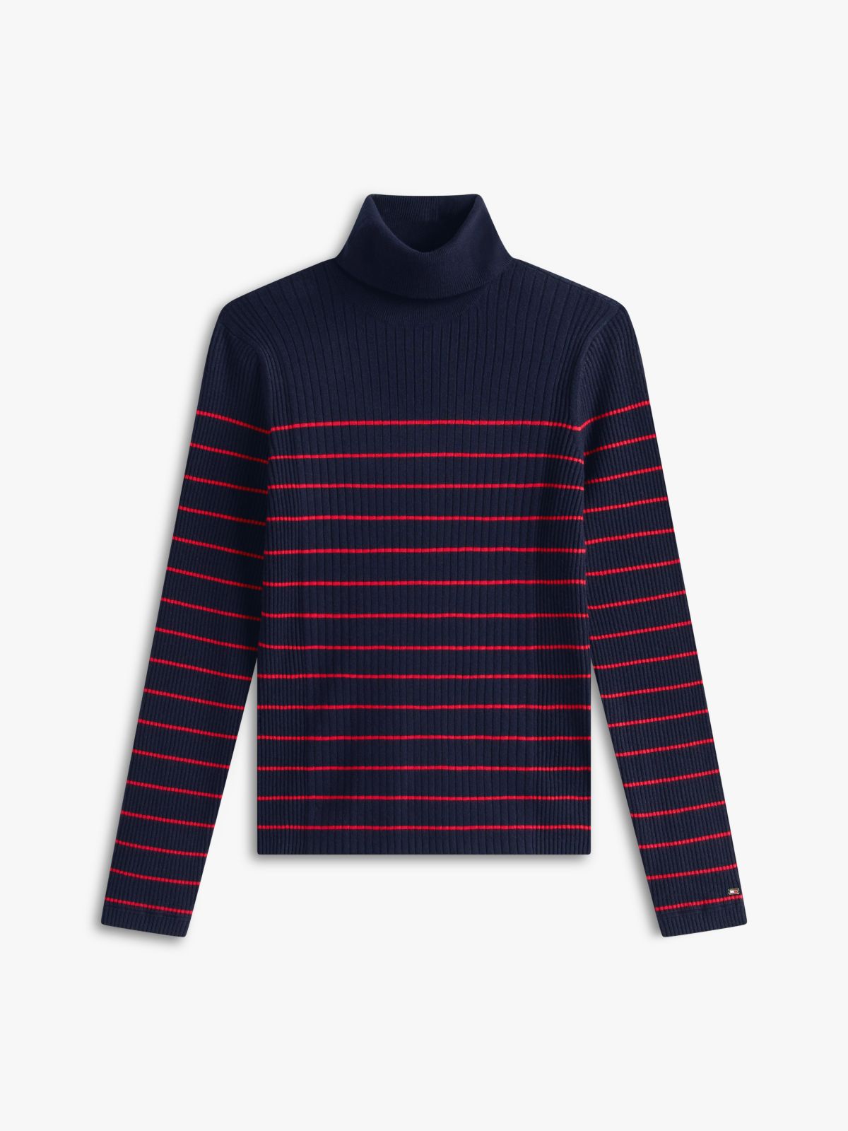 Stripe Rib-Knit Turtleneck Sweater — Navy