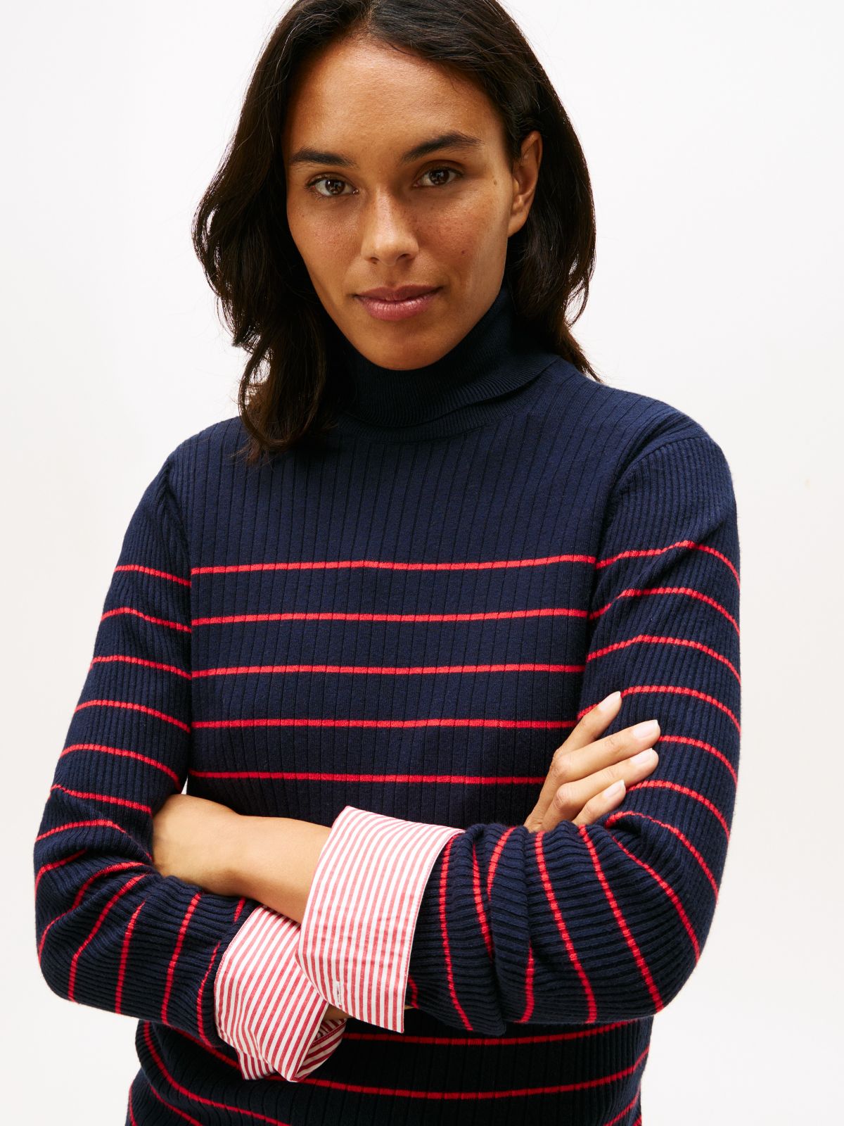 Stripe Rib-Knit Turtleneck Sweater — Navy