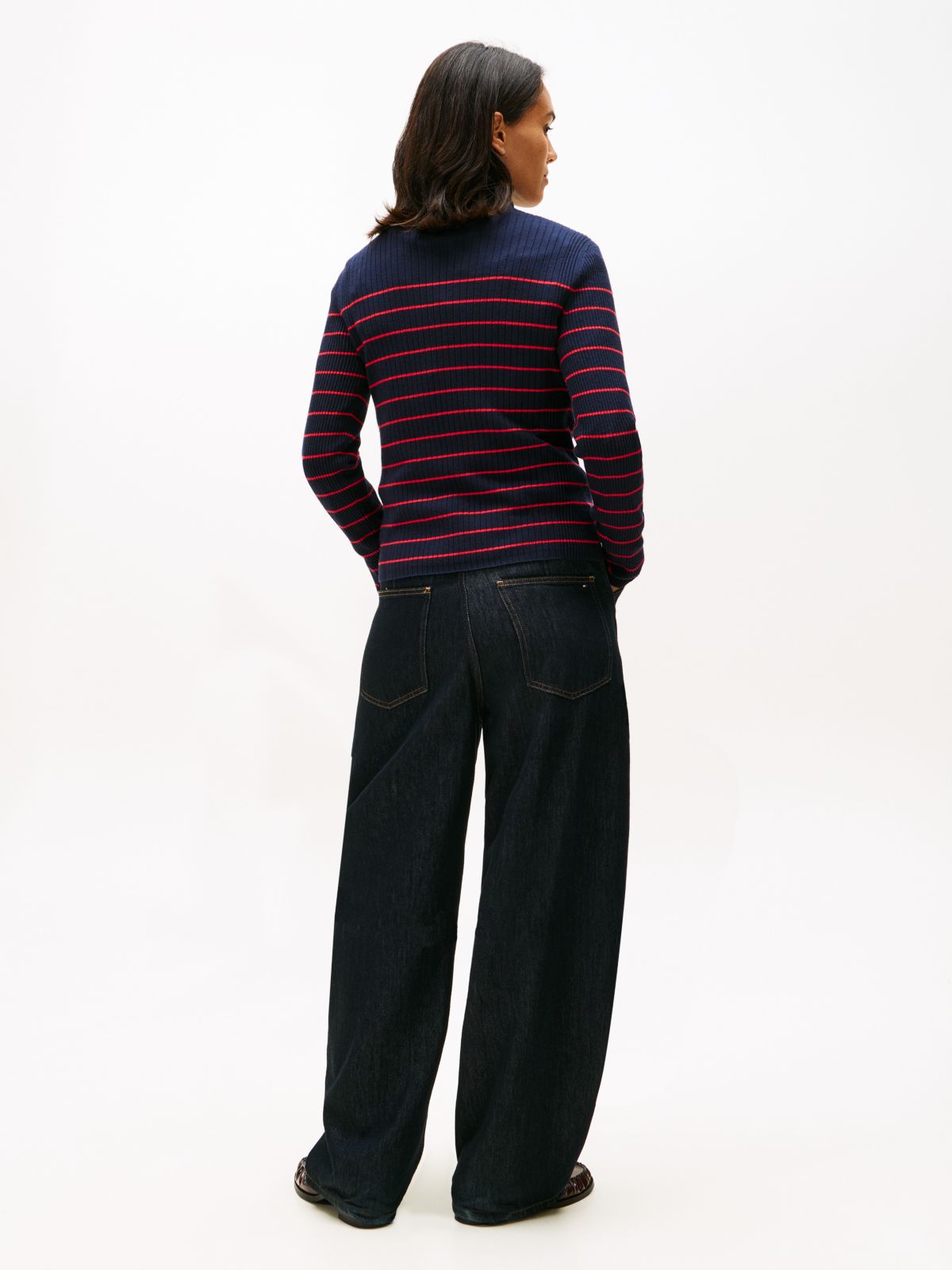 Stripe Rib-Knit Turtleneck Sweater — Navy