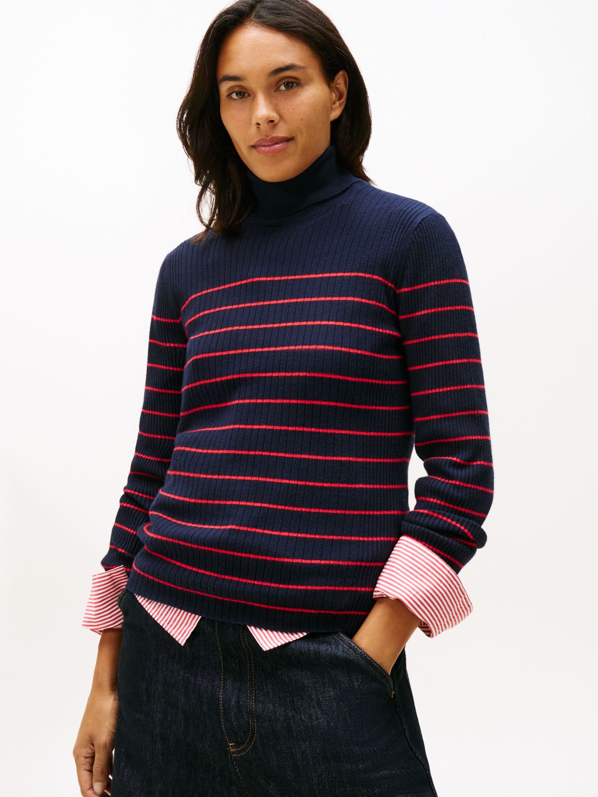 Stripe Rib-Knit Turtleneck Sweater — Navy