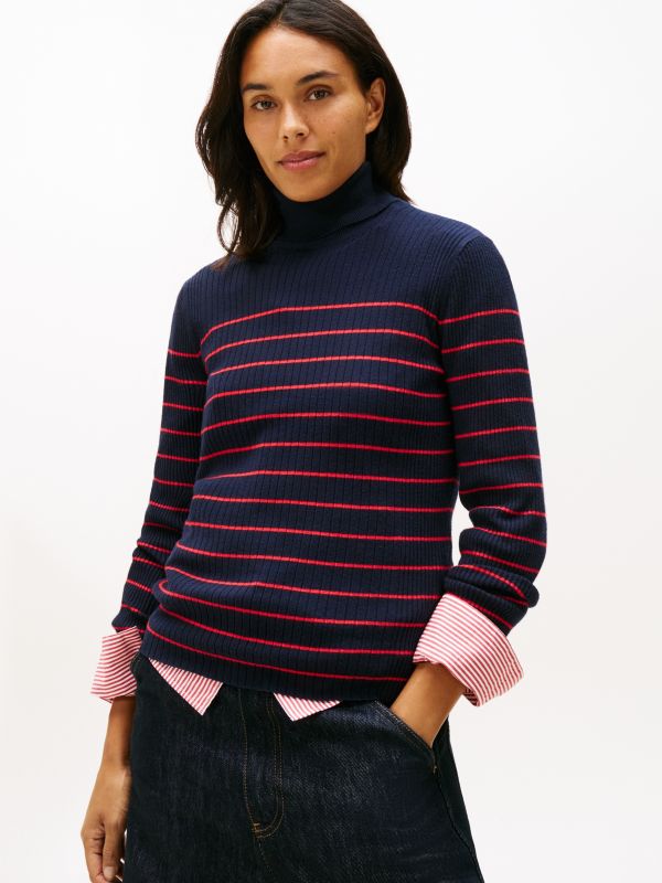Stripe Rib-Knit Turtleneck Sweater — Navy
