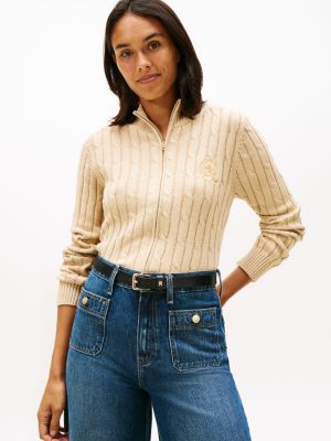 Crest Logo Cable Knit Zip Cardigan, Beige