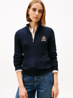 Crest Logo Cable Knit Zip Cardigan, Navy