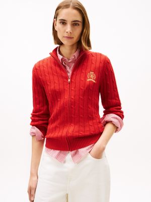 Crest Logo Cable Knit Zip Cardigan, Primary Red