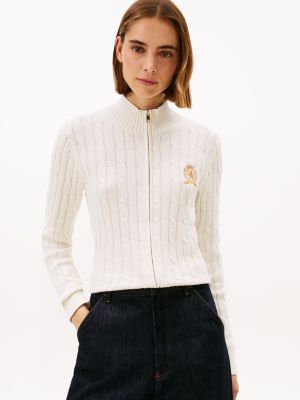 Crest Logo Cable Knit Zip Cardigan, Ivory