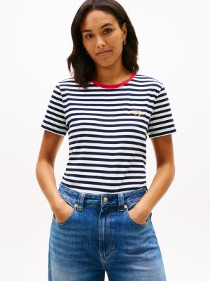 Hilfiger Script Logo Stripe T-Shirt, Optic White Th