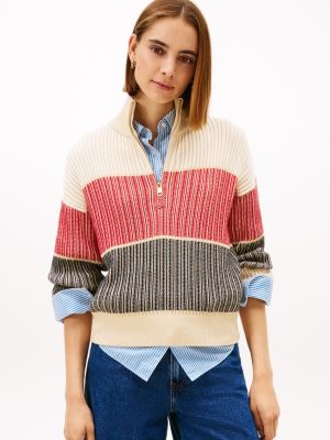 Colorblock Quarter-Zip Sweater, Country Ivory