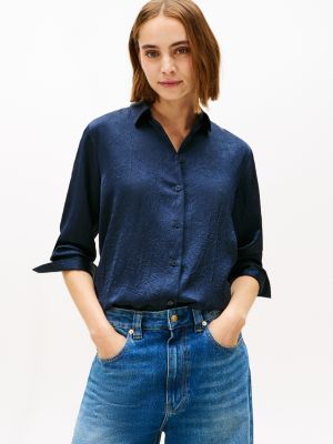 Relaxed Textured Stretch Satin Shirt, Navy