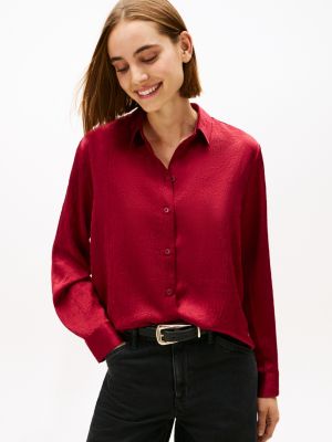 Relaxed Textured Stretch Satin Shirt, Rouge