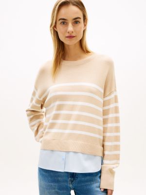 Layered-Look Lightweight Stripe Sweater, Clayed Pebble
