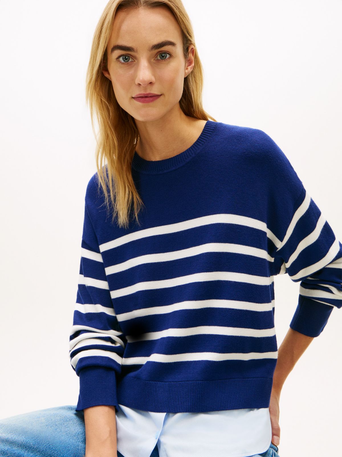 Layered-Look Lightweight Stripe Sweater — Preppy Navy