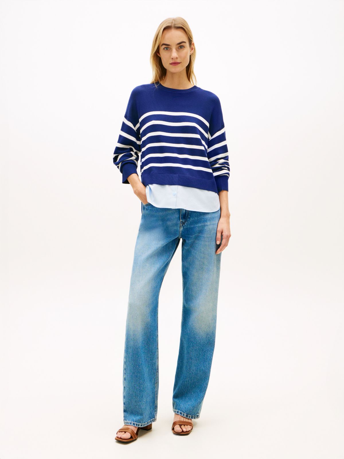 Layered-Look Lightweight Stripe Sweater — Preppy Navy