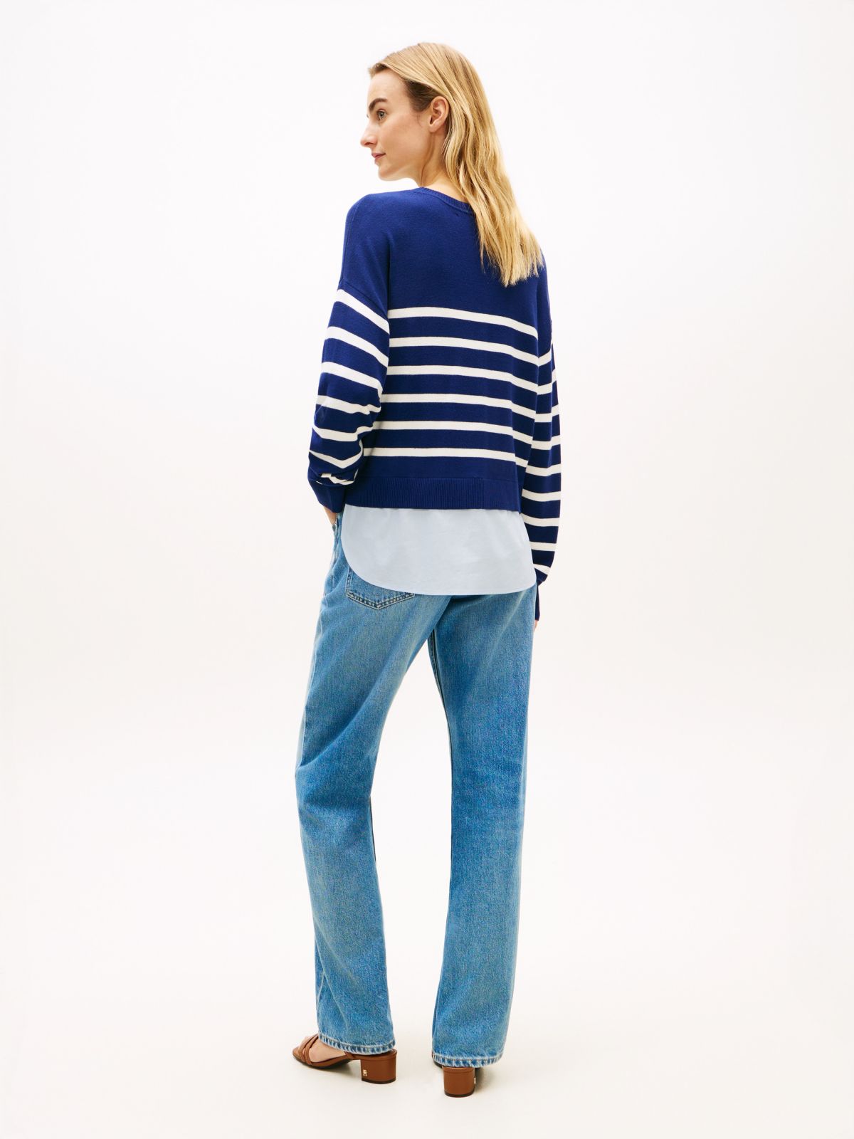 Layered-Look Lightweight Stripe Sweater — Preppy Navy