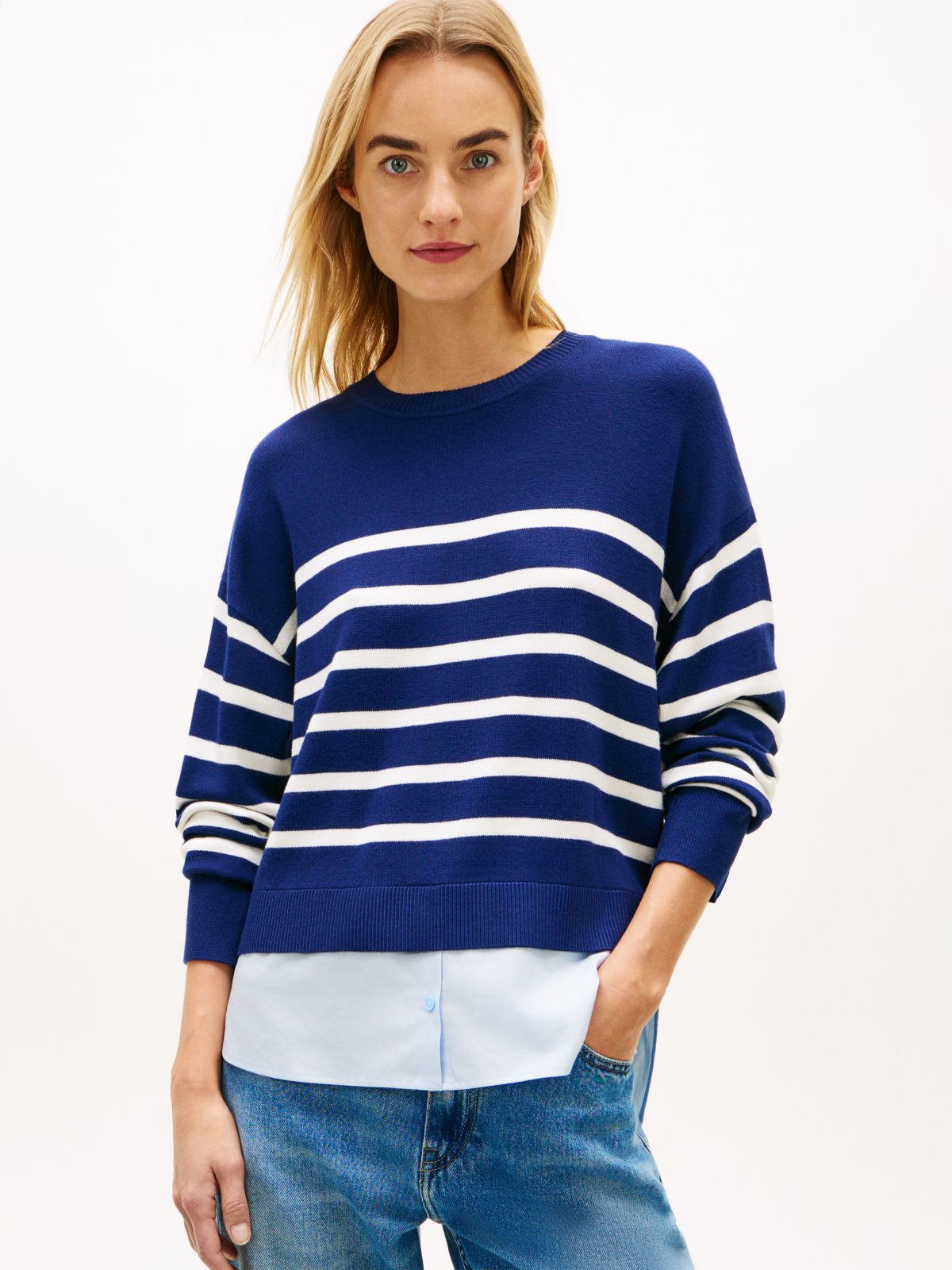 Layered-Look Lightweight Stripe Sweater — Preppy Navy