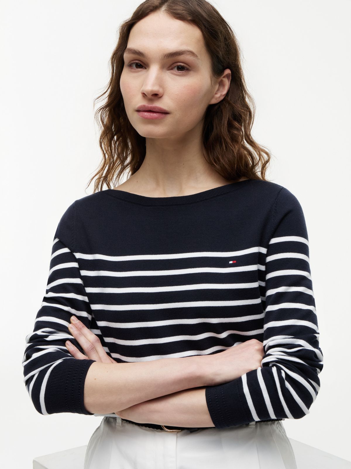 Striped Boatneck Sweater — Navy