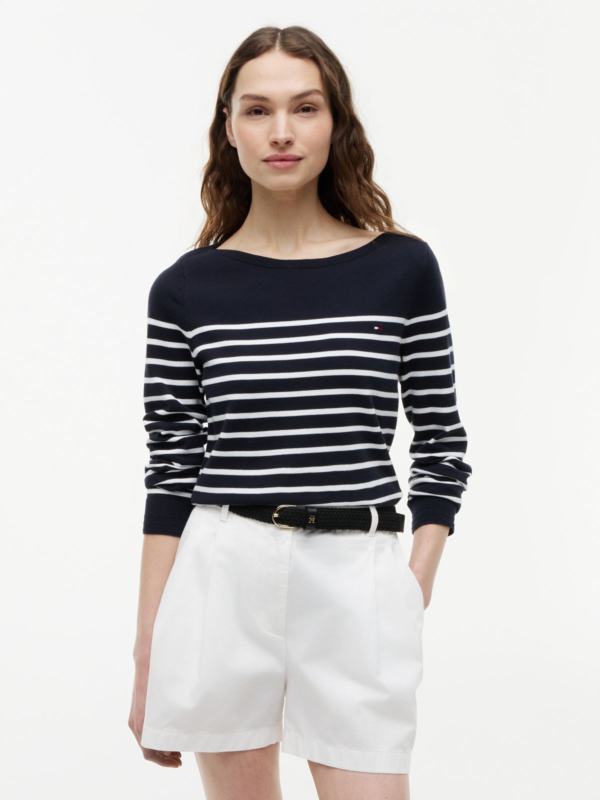 Striped Boatneck Sweater — Navy