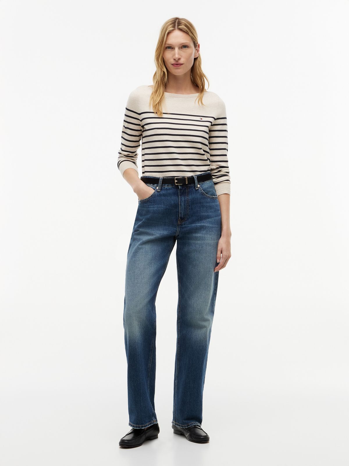 Striped Boatneck Sweater — Beige Heather