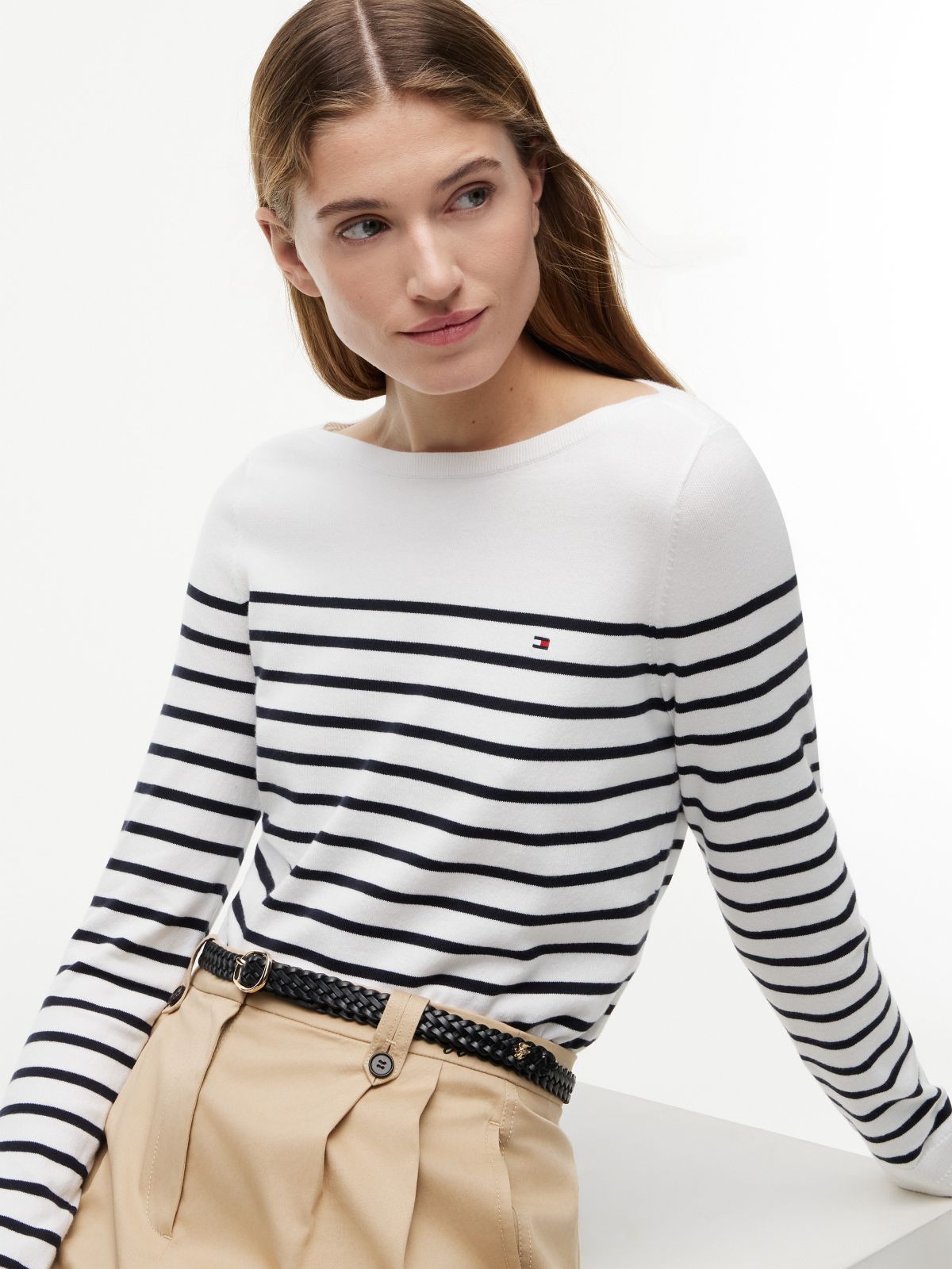 Striped Boatneck Sweater — Ecru