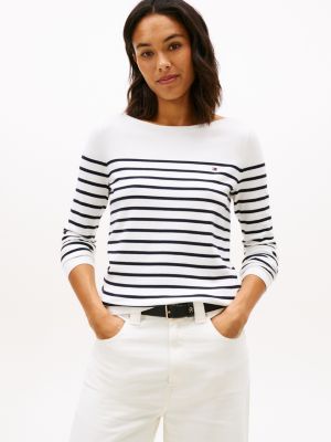 Stripe Boatneck Sweater, Ecru
