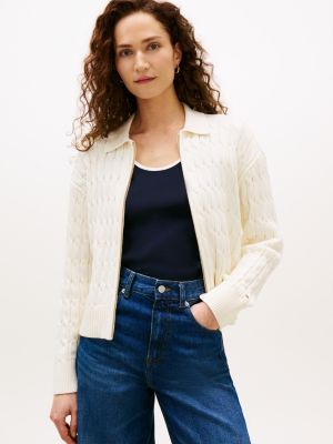 Boxy Fit Cable Knit Zip Cardigan, Rich Cream