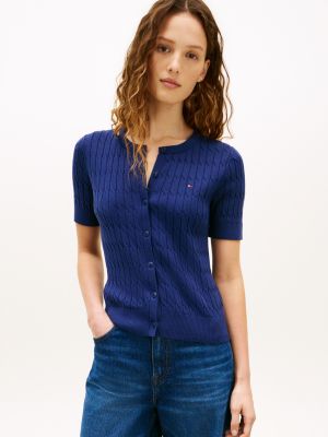 Short-Sleeve Cable Knit Cardigan, Preppy Navy