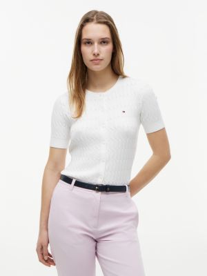 Short-Sleeve Cable Knit Cardigan, Optic White