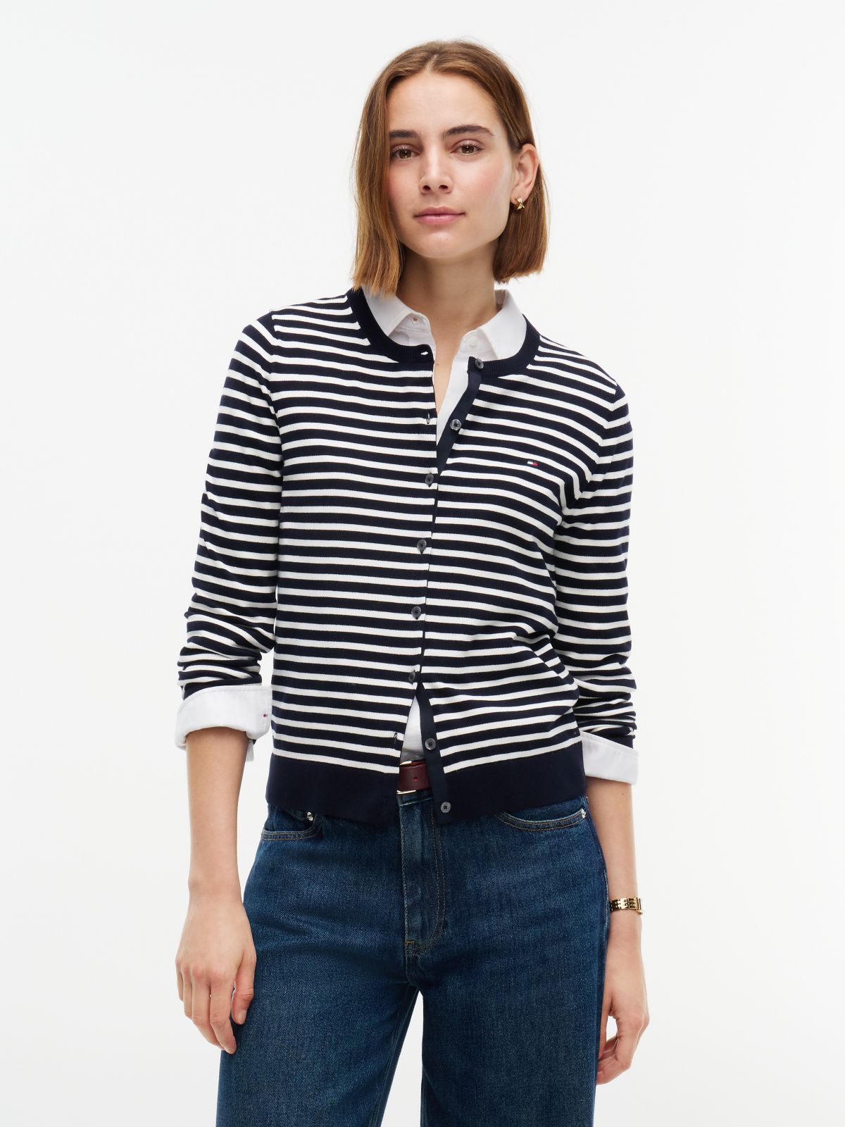 Lightweight Striped Cardigan — Navy Blue