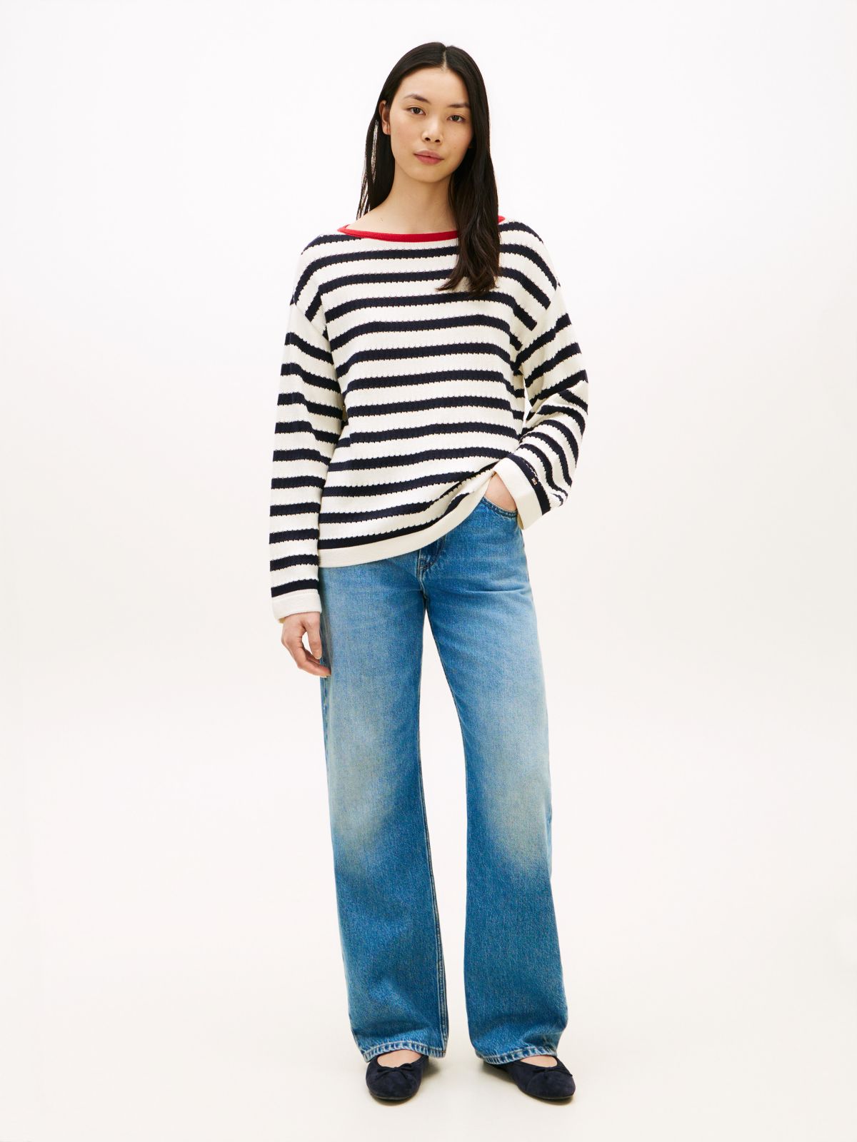 Breton Stripe Pointelle Boatneck Sweater — Navy