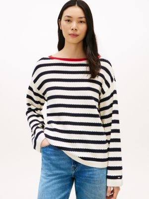 Breton Stripe Pointelle Boatneck Sweater, Navy