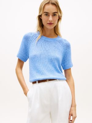 Short-Sleeve Open-Knit Sweater, Cloudy Blue