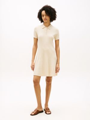 Gold-Button Rib Knit Polo Mini Dress, Beige Heather
