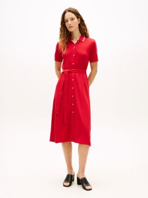 Belted Tipped Midi Polo Dress, Primary Red