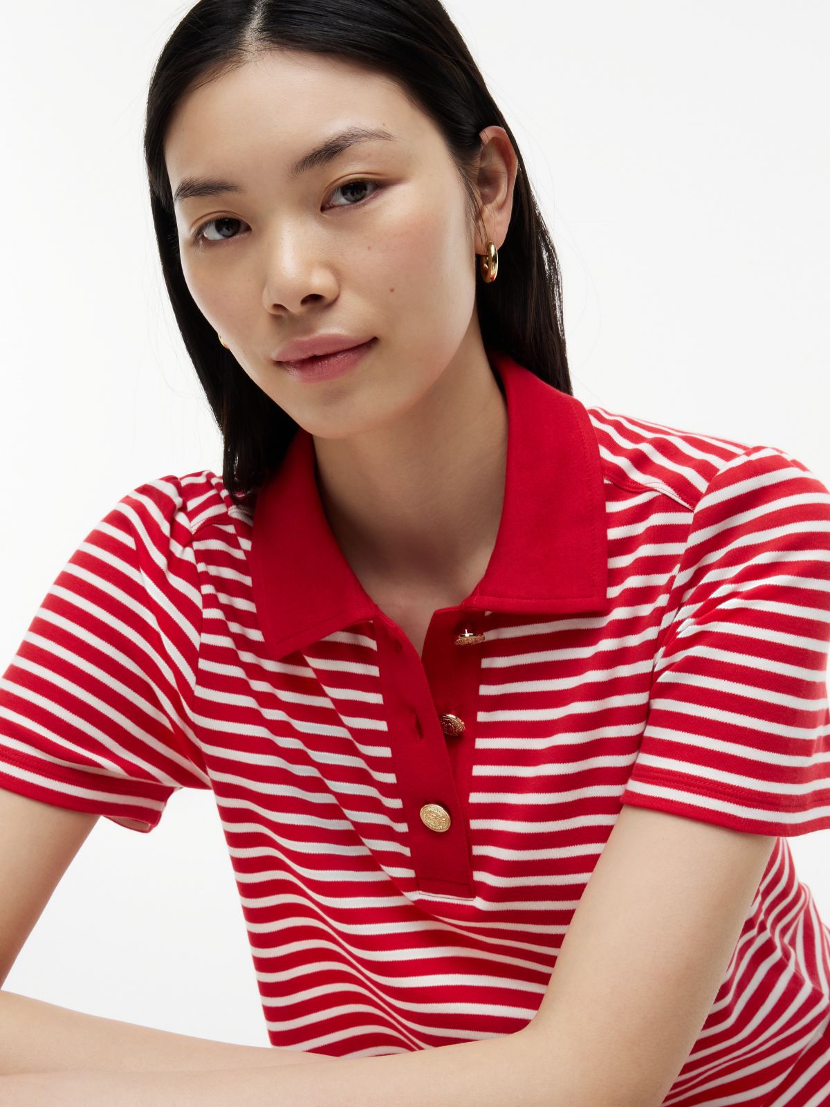 Gold-Button Striped Interlock Polo Dress — Primary Red