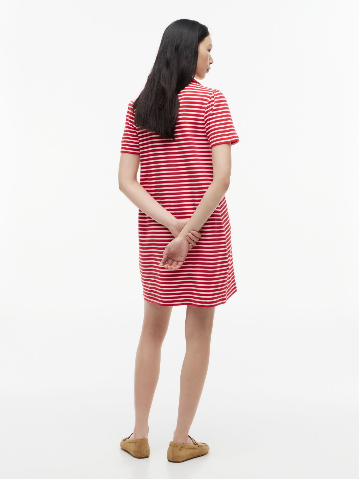 Gold-Button Striped Interlock Polo Dress — Primary Red
