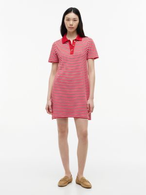 Gold-Button Striped Interlock Polo Dress, Primary Red