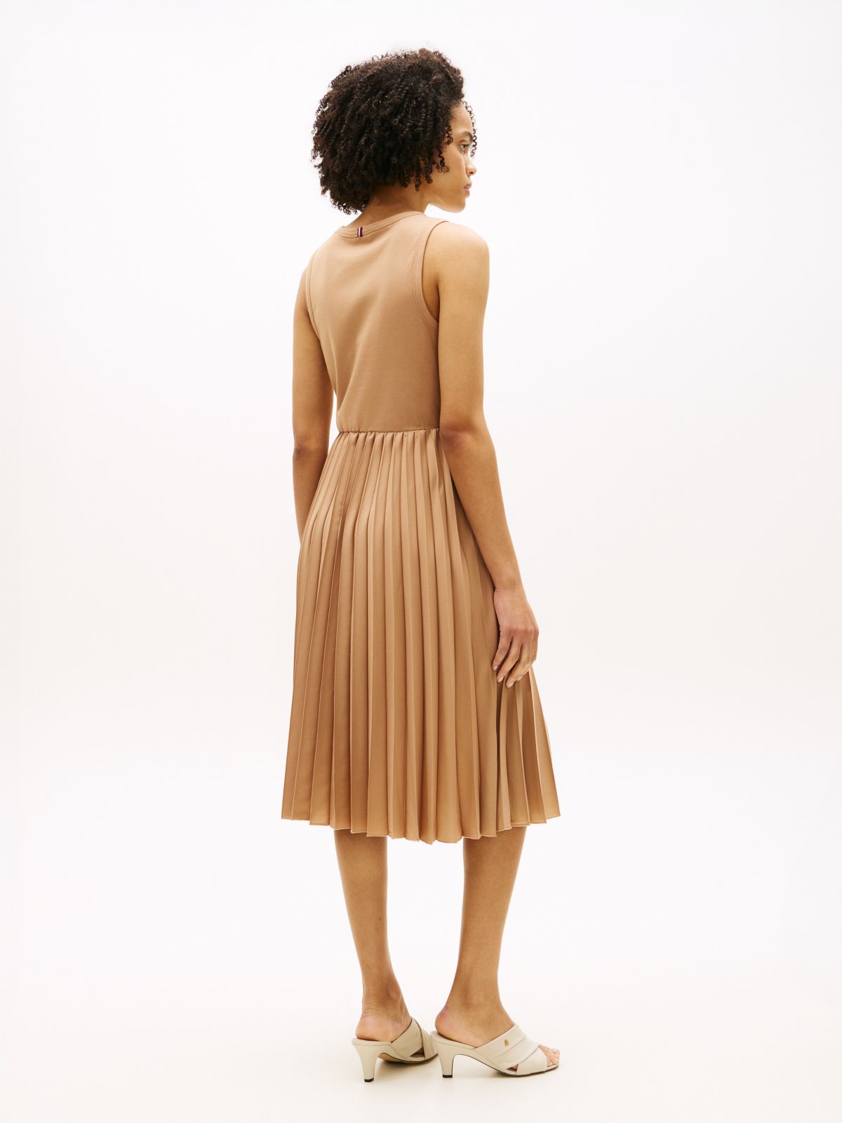 Mixed-Media Pleated Tank Dress — Iconic Camel