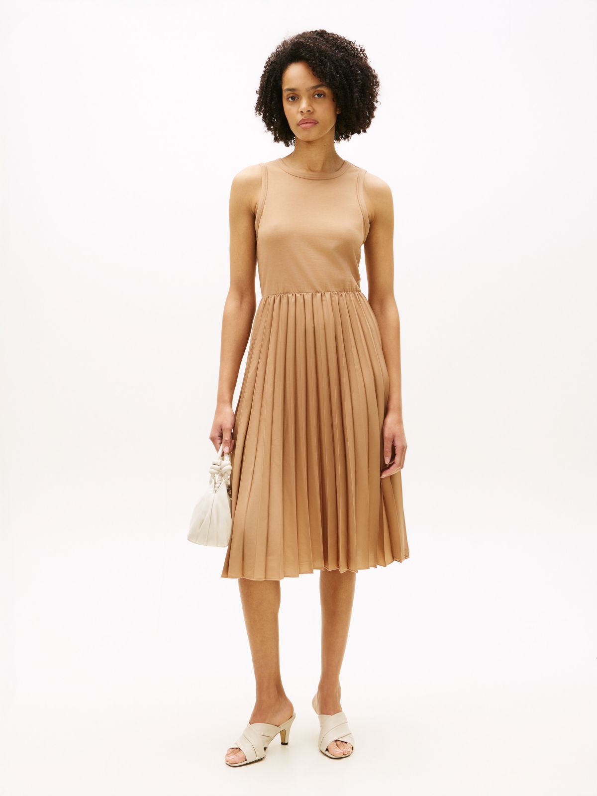 Mixed-Media Pleated Tank Dress — Iconic Camel