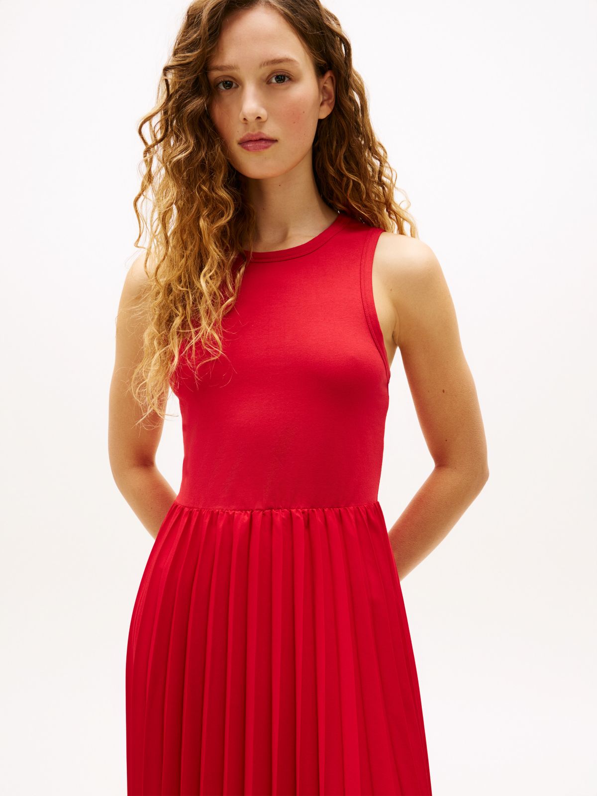 Mixed-Media Pleated Tank Dress — Primary Red