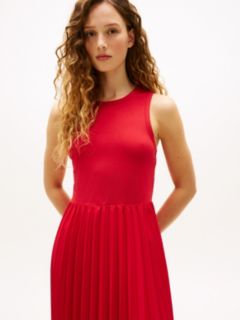 Mixed-Media Pleated Tank Dress — Primary Red 2