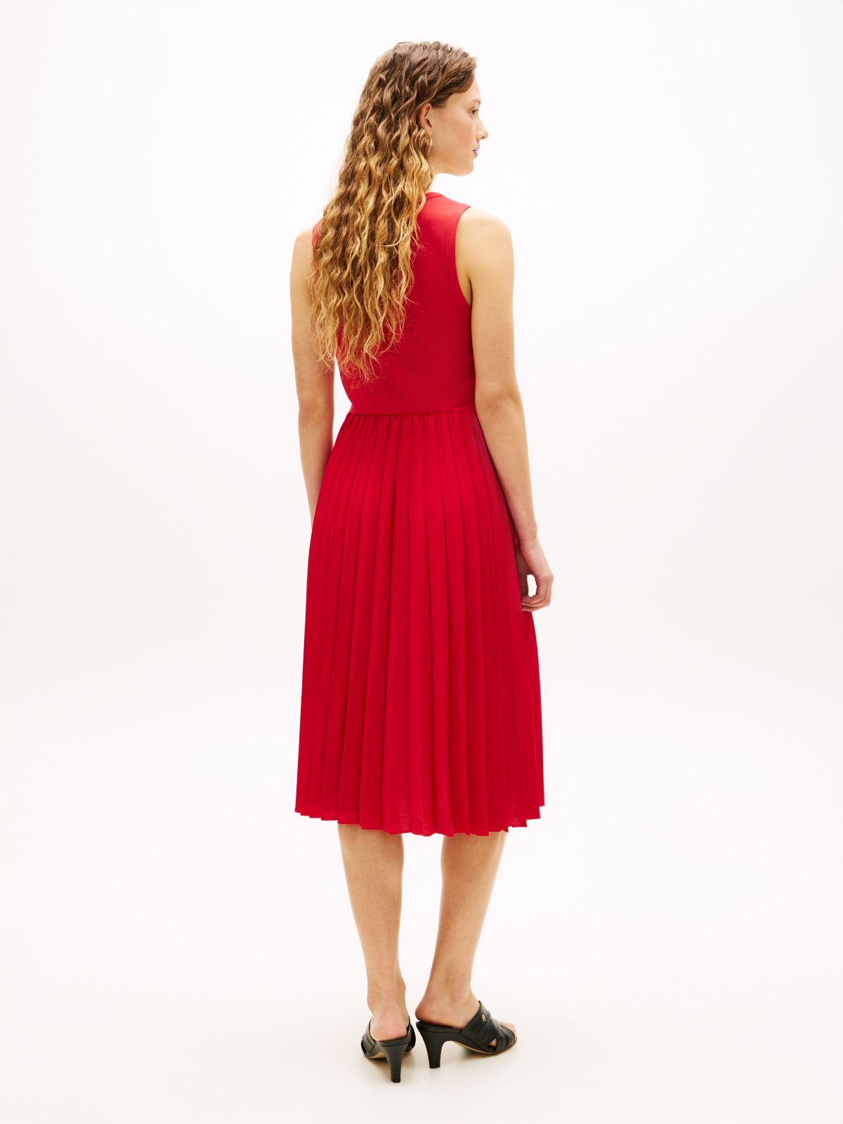 Mixed-Media Pleated Tank Dress — Primary Red