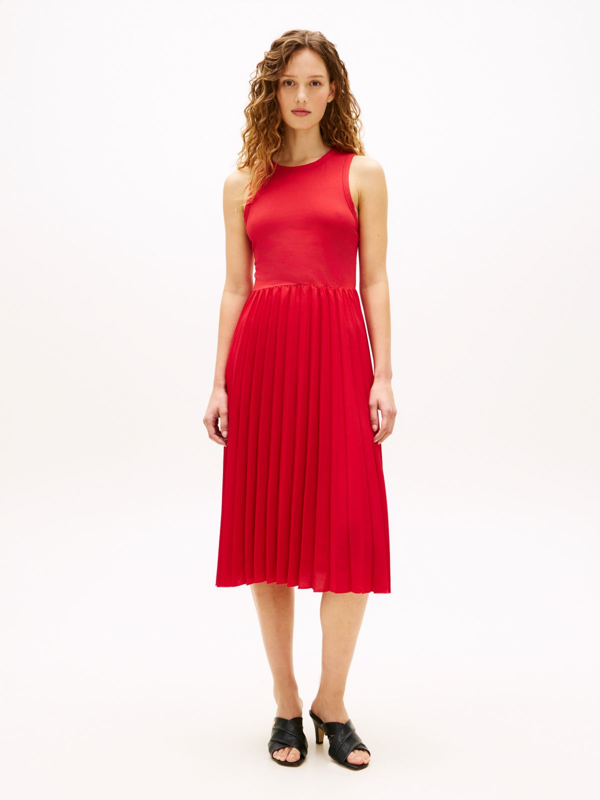 Mixed-Media Pleated Tank Dress — Primary Red