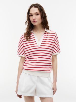 Relaxed Fit Heathered Stripe Polo, Ivory Silk / Red Stripe