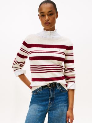 Stripe Boatneck Rib-Knit Sweater, Dark Beige