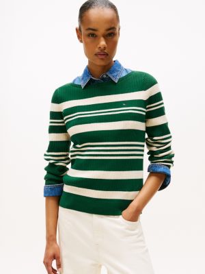 Stripe Boatneck Rib-Knit Sweater, Ornamental Green
