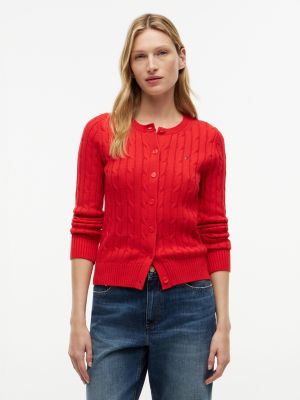 Cable Knit Cardigan, Fierce Red