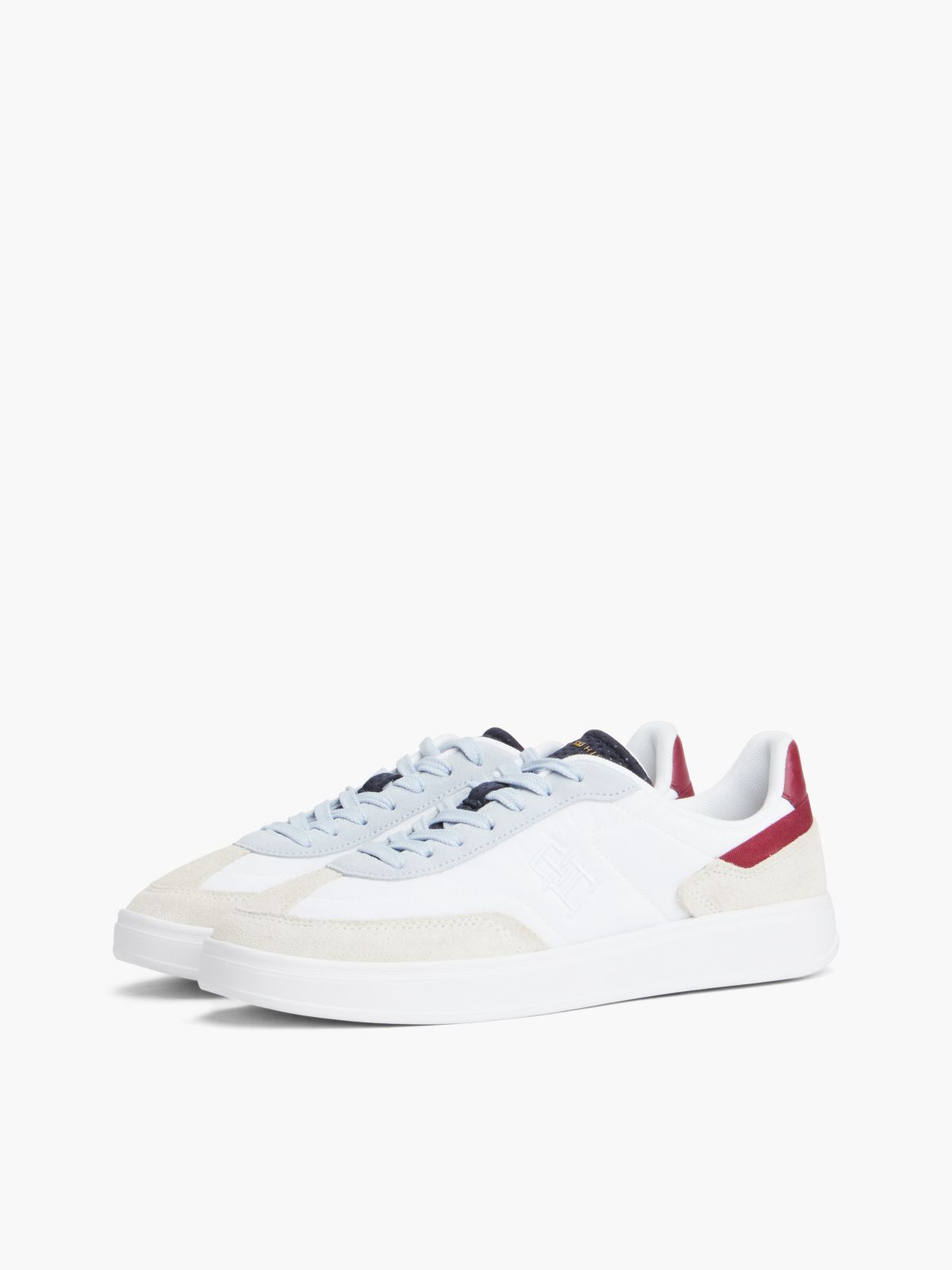 Monogram Mixed-Media Skater Sneaker — White/Sky Blue