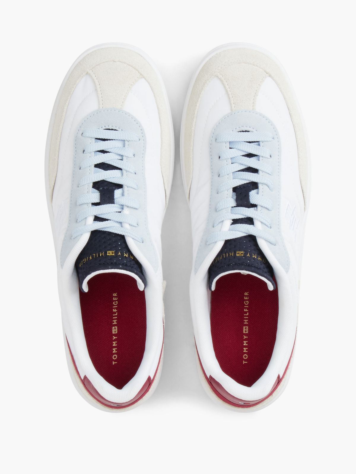 Monogram Mixed-Media Skater Sneaker — White/Sky Blue