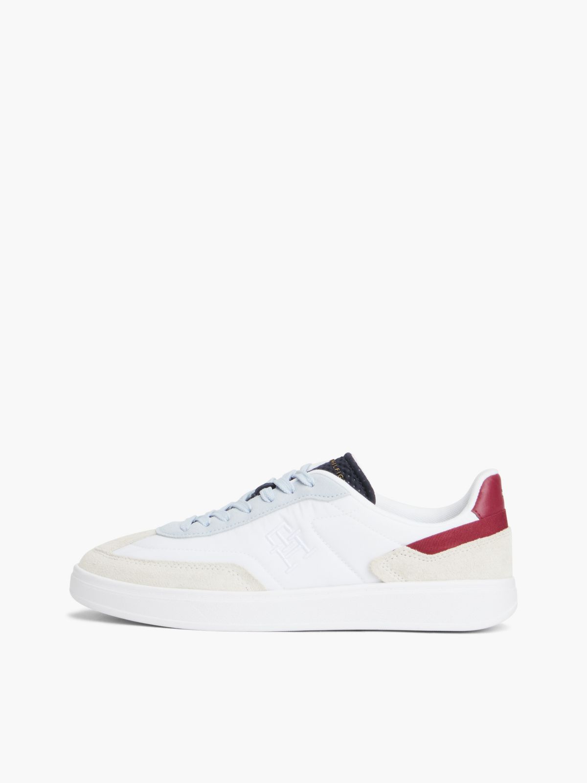 Monogram Mixed-Media Skater Sneaker — White/Sky Blue