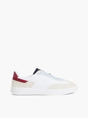 Monogram Mixed-Media Skater Sneaker, White/Sky Blue